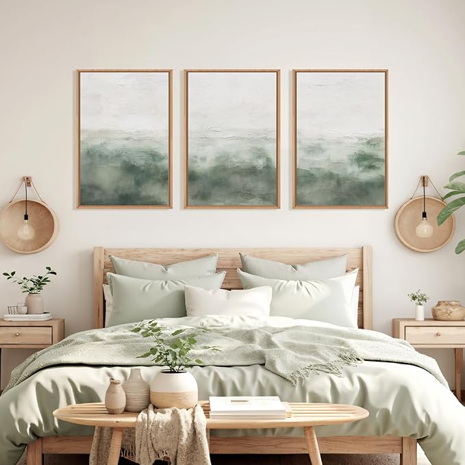 BICERE Large Abstract Sage Green Framed Canvas Wall Art,Neutral White and Grey Wall Decor,Modern Pastel Wall Painting,Illustrations Artwork for Living Room,Bedroom,Dining Room,Office -24"x36"x3