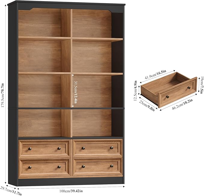 FINETONES 71" Tall Bookshelf with 4 Drawers, 6-Tier Double Wide Bookshelves and Bookcases with Storage, Tall Bookshelf Large Standing Book Cabinet for Home Office, Brown/Black