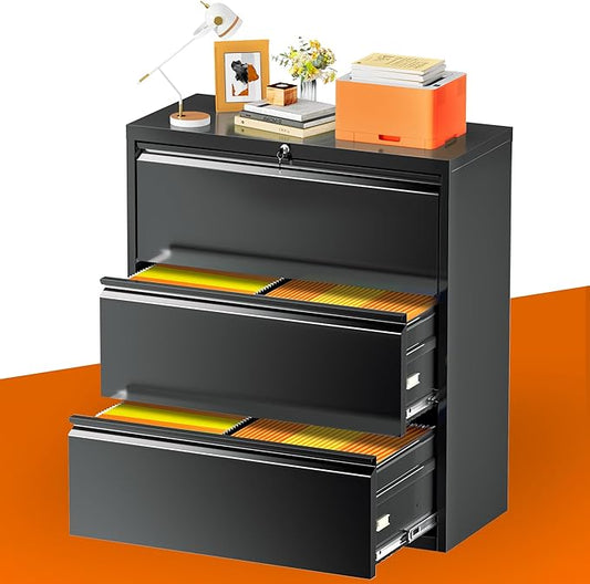 INTERGREAT File Cabinet 3 Drawers, Lateral Filing Cabinet for Home Office, Locking Horizontal File Cabinet for Hanging Files Letter/Legal/F4/A4, Black Metal, Easy Assemble