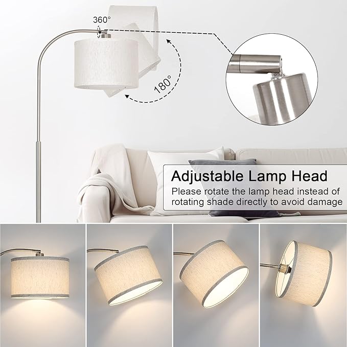 Boncoo Arc Floor Lamp, Dimmable Floor Lamp for Living Room, Standing Lamp with Adjustable Drum Shade, Tall Pole Lamp for Bedroom Study Room Office, 9W 3000K LED Bulb Included