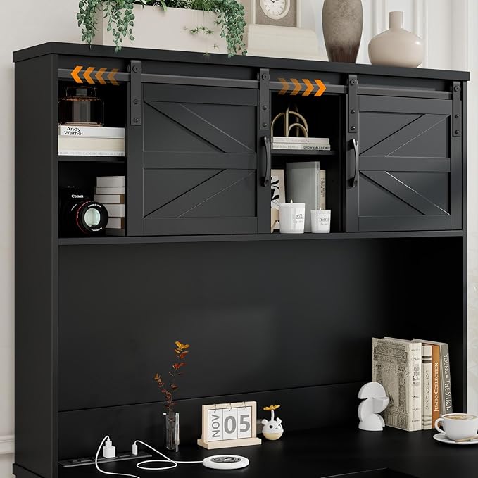 Vabches Farmhouse 68" H L Shaped Desk with Hutch,Office Table with 3 Drawers and Sliding Doors, Wood Executive Desk with File Drawers and Charging Station, Workstation for Study and Home Office