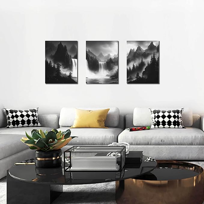 Foggy Forest Wall Art for Living Room - Mountains Canvas Wall Art for Office - Black and White 3 Piece Wall Decor Size 12" x 16"