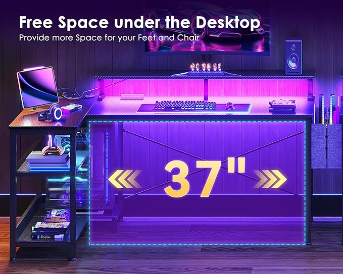 ODK 48 Inch Gaming Desk with USB Charging Ports and LED Lights, Reversible L Shaped Computer Desk with Storage Shelves & Monitor Stand, Corner Gamer Desk Table with Power Outlets, Black