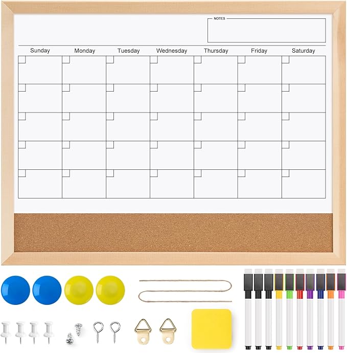 OWLKELA Monthly Dry Erase Calendar with Cork Board for Wall, 17 x 13 Magnetic Bulletin Whiteboard with Wood Frame for Office, Home, School, Kitchen