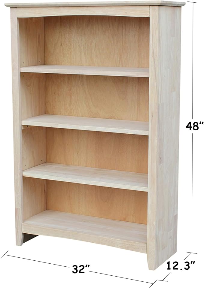 International Concepts Shaker Bookcase, 48-Inch High, Solid Parawood, Unfinished