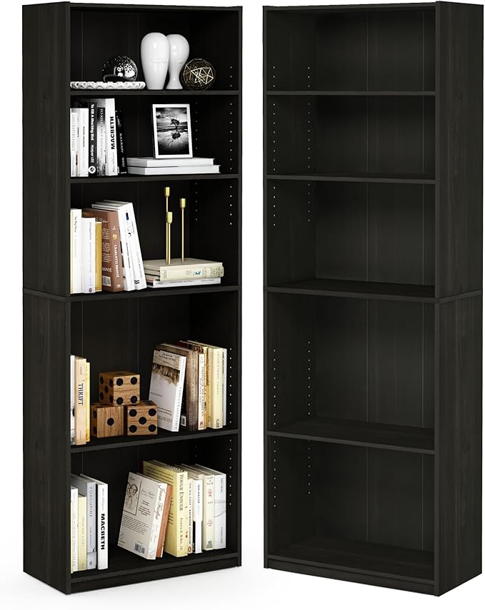 Furinno Jaya Book Shelf Set of 2, 5-Tier Bookshelf, Bookcase, with Adjustable Shelf, 9.5 x 24.5 x 71, for Home Office, Living Room, Espresso