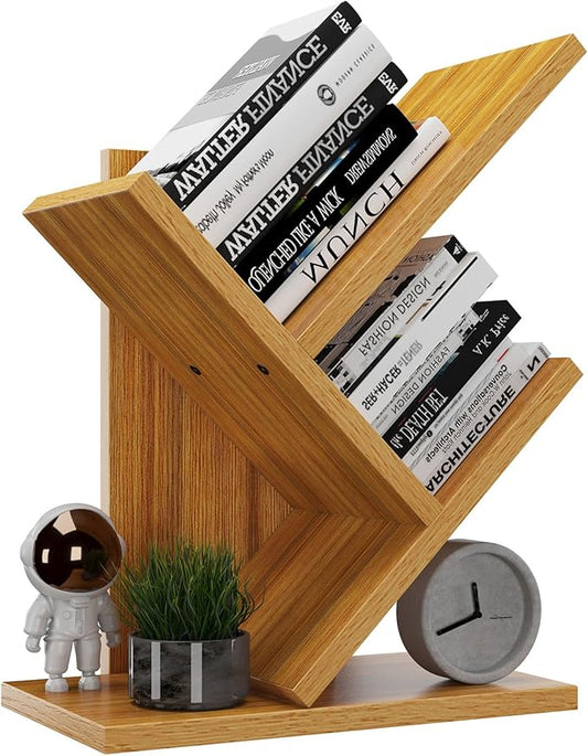 YMYNY 2 Tier Tree Bookshelf, Small Bookcase, Modern Wood Book Storage Rack Organizer, Freestanding Book Shelf for Books/Movies/CDs, Display Rack for Bedroom, Home Office, Natural UHBC012N