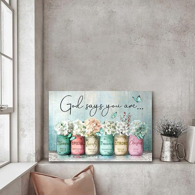 Parylore Inspirational Canvas Wall Art Encouraging Bible Verses On Cute Marson Jars and Butterflies God Says You Are Teal Background Artwork for Living Room Bedroom Bathroom Office Home Decor 16x24 In