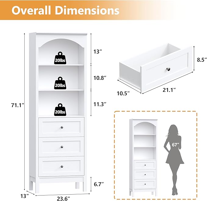 Bookshelf with Drawers, 71" Tall Wood Bookcase with Adjustable Shelf, 24" Wide Arched Book Shelf, Floor Standing Display Storage Cabinet for Home Office, Study and Living Room, Modern White