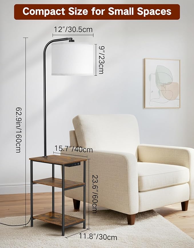 Floor Lamp with Table & Remote, Side End Table with Charging Station, Dimmable Nightstand with 3 Color Temperatures, 1-Hour Timer, 12W LED Bulb, for Living Room, Bedroom