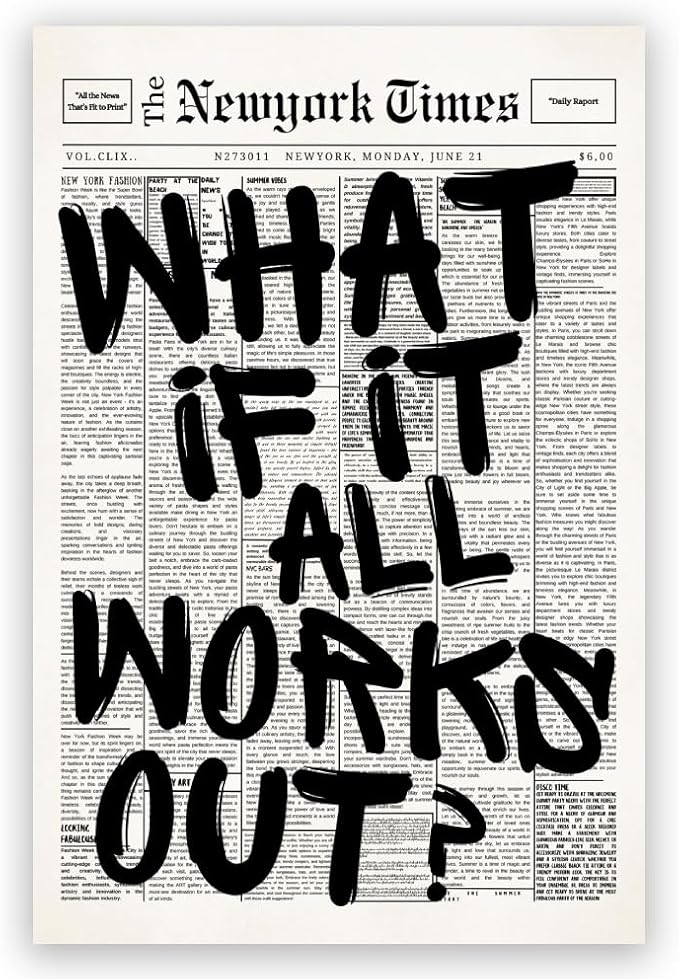 Balsuka What If It All Works Out Wall Art Retro Black and White Newspaper Motivational Poster Positive Affirming Quote Minimalist Canvas Print for Bedroom Living Room Home Decor 12x16inch Unframed