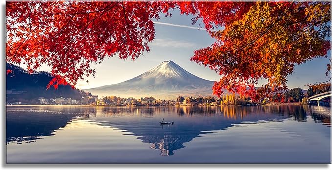 YYYYHPP Canvas Prints Mountain Fuji with morning fog and red leaves at lake Kawaguchiko Nature Picture Wall Art Framed Artwork for Living Room Bedroom Kitchen Home and Office Wall Decor