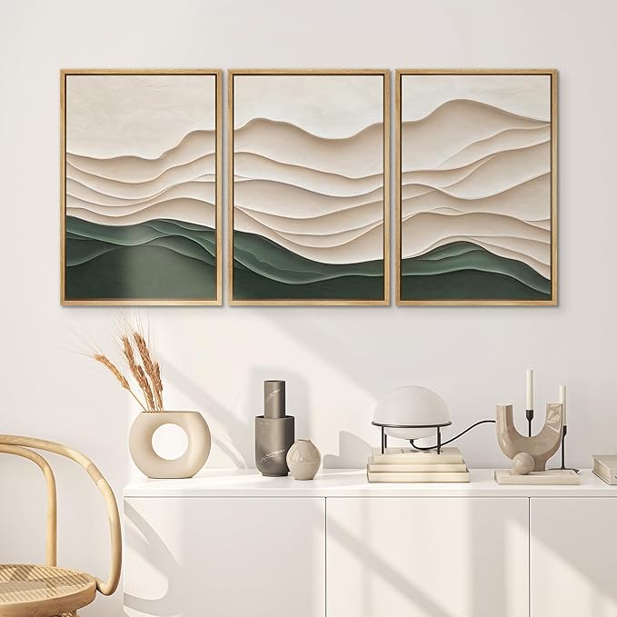 SIGNWIN Framed Canvas Print Wall Art Set Textured Paper Cut Landscape Beige and Green Minimalist Illustrations Modern Art Rustic Scenic Relax/Calm for Living Room, Bedroom, Office - 16"x24"x3 Natural