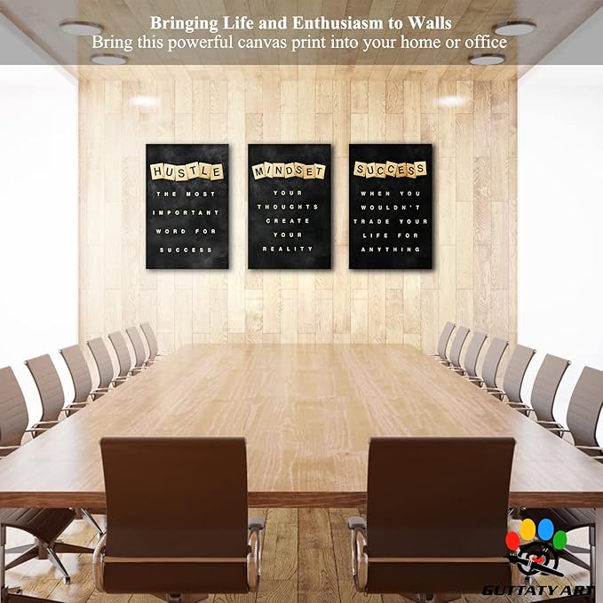 Office Wall Art - 3 Panel Motivational Canvas With Inspirational Quotes for Home Decor, Positive Entrepreneur Words Poster Frame for Company 24"x36"x3Pcs