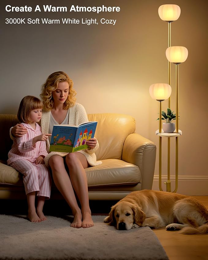 Gold Floor Lamp with Table, Modern Dimmable Floor Lamps with Pumpkin Lampshade, 3000K Soft Warm White Bulbs Included, 3-Light Tall Standing Lamp for Living Room/Bedroom