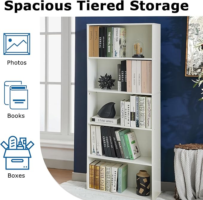 Bookshelves and Bookcases,5-Tier Open Storage Shelf, Floor Standing Display Storage Shelves for Home Office, Living Room, Bedroom, White