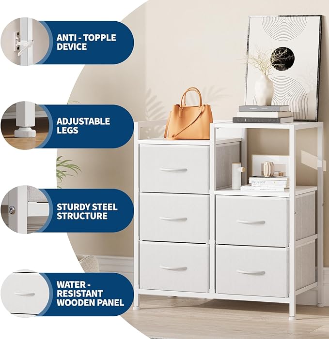 Garvee 5 Drawer Mobile File Cabinet with Open Storage Shelf, Rolling Printer Stand and Fabric Lateral Filing Cabinet for Home Office, Fits A4 or Letter Size Files, White