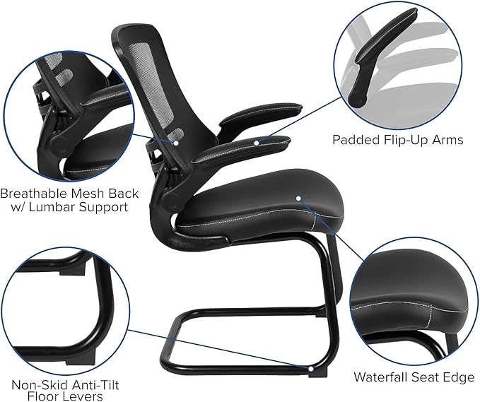 Flash Furniture Kelista Black Mesh Sled Base Side Reception Chair with White Stitched LeatherSoft Seat and Flip-Up Arms