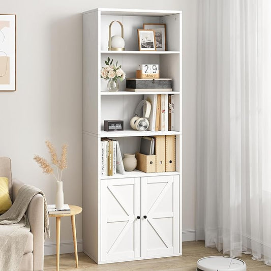 IDEALHOUSE Bookcase with Doors Industrial Bookshelf 11.8in Depth Display Storage Shelves 71.4in Tall Farmhouse Bookcases Wooden 6 Shelf Bookshelvels for Bedroom, Living Room, Home Office (White)