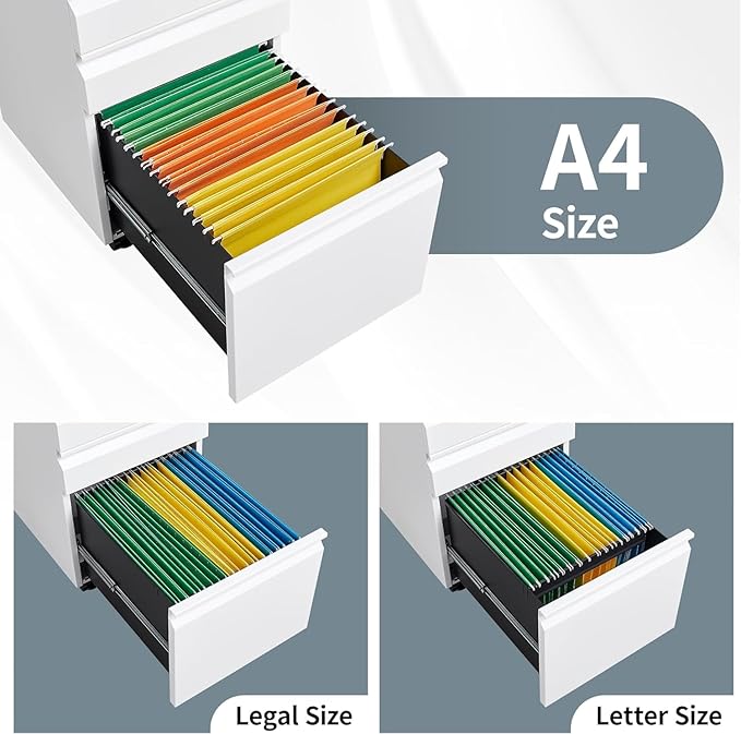 Filing Cabinet 3 Drawer, Locking File Cabinets for Home Office, Mobile Filing Cabinet for A4/Letter/Legal Size File Folders, Fully Assembled, Matte White