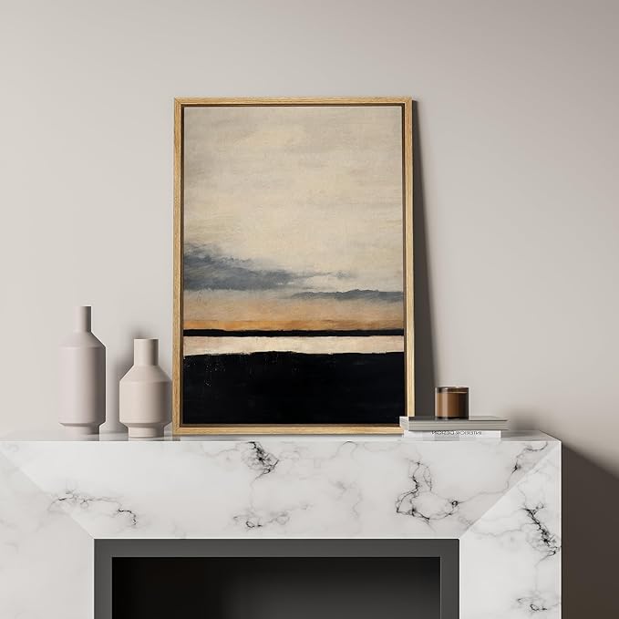 SIGNFORD Framed Canvas Print Wall Art Coastline at Dusk Illustration Minimalism Decorative Colorful Mid-Century for Living Room, Bedroom, Office - 24"x36" NATURAL