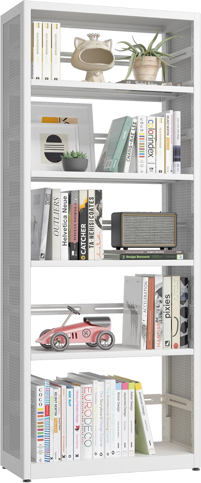 5 Tiers Bookshelf, Metal Storage Organizer Book Rack, Modern White Bookcase Shelf, Utility Shelf, Adjustable Garage Shelving, Organizer Rack for Kitchen, Laundry, Garage, Bathroom, Pantry, Office