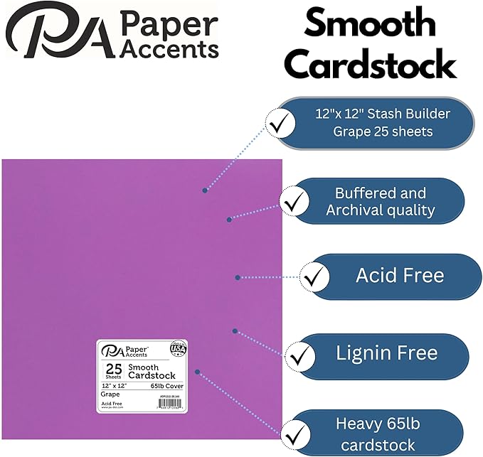 PA Paper Accents Smooth Cardstock 12" x 12" Grape, 65lb colored cardstock paper for card making, scrapbooking, printing, quilling and crafts, 25 piece pack