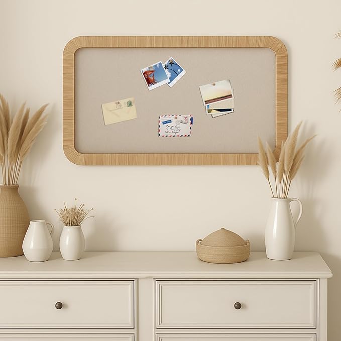 Vintage Framed Pin Board Linen Display Bulletin Board Large Cork Fabric Picture Photo Pinboard Memo Ornate Decorative Pinboard Ornate for Wall Gift(Boho Rectangle,20'' X 30'',Light Brown)