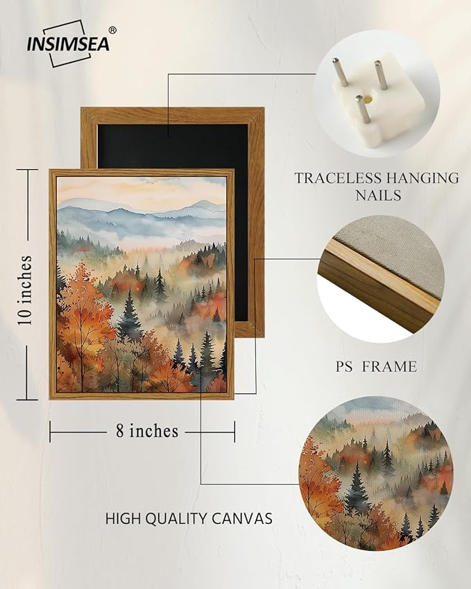 InSimSea Framed Canvas Prints Art Vintage Decor, Classical Retro Fall Forest Painting Autumn landscape Trees Canvas Prints Home Decor Office Farmhouse Bathroom, 8"x10"