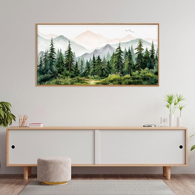 Green Forest Tree Mountain Range Framed Canvas Wall Art, Watercolor Nature Wall Decor, Woodland Nursery Wall Painting, Modern Wilderness Art Print for Living Room, Bedroom, Office 40"x20"