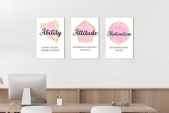 SHMAO 3 Piece Office Canvas Wall Art, Motivational Quotes Pink Geometric Figures Print Pictures Decor for Office, Men Women Inspirational Framed Artwork Home 12''x18'' x Pcs