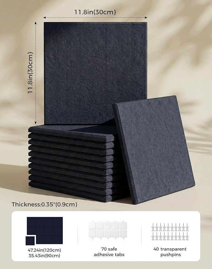 Aothia 12-Pack Felt Bulletin Board Tiles for Walls - 48x36 Modular Bulletin Board, Cork Board Alternative Pin Board for Office & Classroom, 70 Adhesive Tabs & 40 Push Pins Included (Navy Blue)
