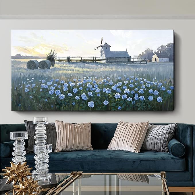 amatop Oversized Farmhouse Wall Art: Blue Rose & Windmill Botanical Landscape Canvas Print - Large Tranquil Floral Scene, Ideal for Living Room, Dining Room, or Hallway Decor | 58x29 Inches