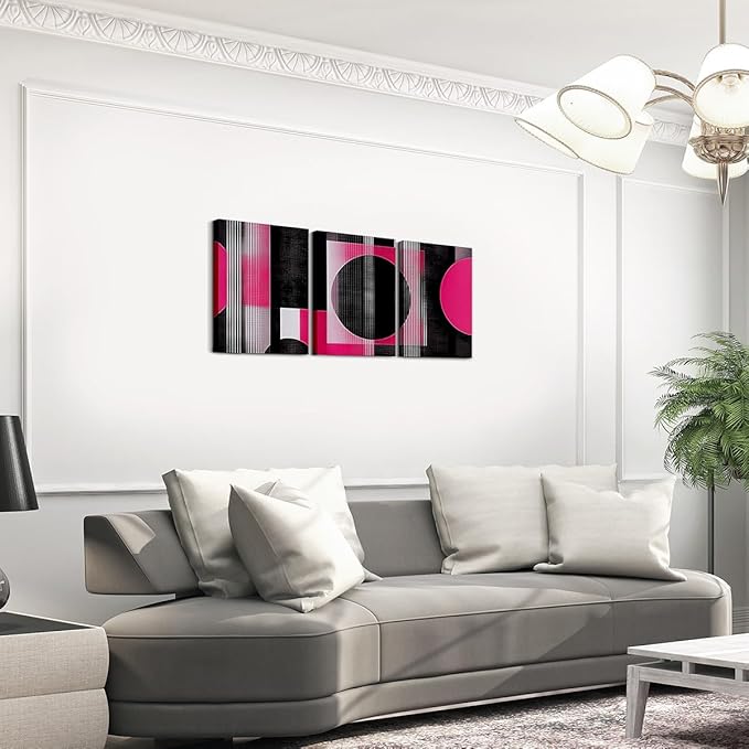 jejeloiu 12"x16"x3pcs Office Decorations Artwork Posters Modern Geometric 3 Piece Canvas Wall Art for Living Room Bedroom Hot Pink Abstract Art Picture Wall Decor