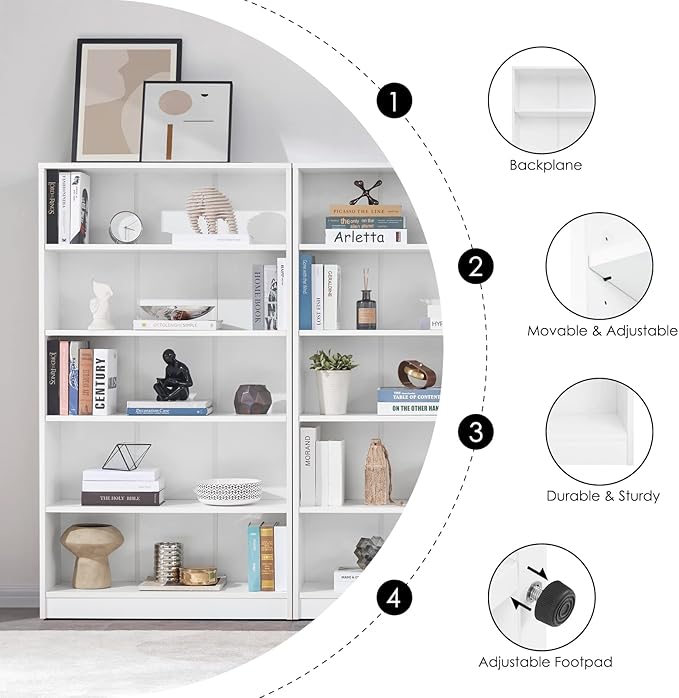 Farini White Bookshelf for Bedroom 5 Shelf Office Bookcase 60 Inches Tall Modern Wood Bookshelf for Living Room 5 Tier Wide Manga Bookshelf Library Bookcase
