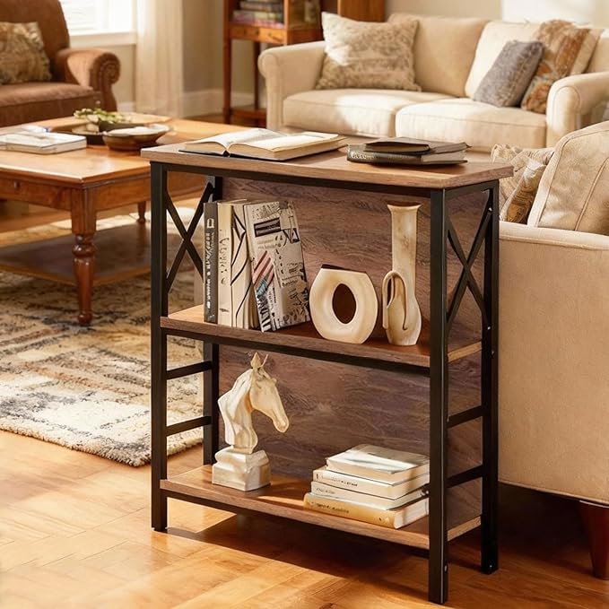 Book Shelf, Small 3-Tier Industrial Bookshelf with Strong Metal Frame & Backboard, 29.5" Short Bookcase for Small Spaces, Living Room, Bedroom and Home Office, Brown
