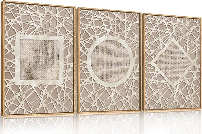 Aryroi Large Abstract Boho Neutral Shapes Framed Canvas Wall Art,Modern Geometric Circle Square Rhombus Wall Decor,Mid Century Artwork for Living Room,Bedroom,Office-16 x24 x3