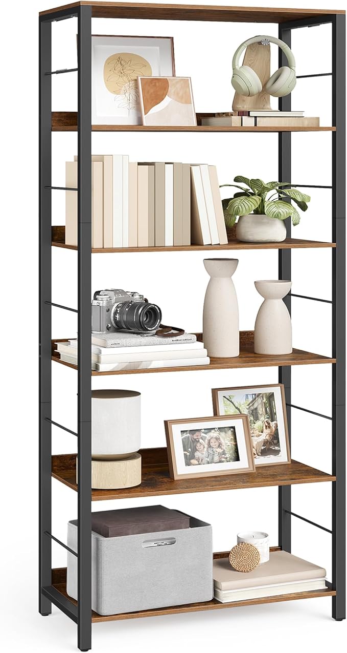 VASAGLE 6-Tier Bookshelf, Bookcase for Office, 11.8 x 23.6 x 70.1 Inches, Shelving Unit, with Back Panels, Industrial Style, for Living Room, Study, Home Office, Rustic Brown and Ink Black ULLS118B01