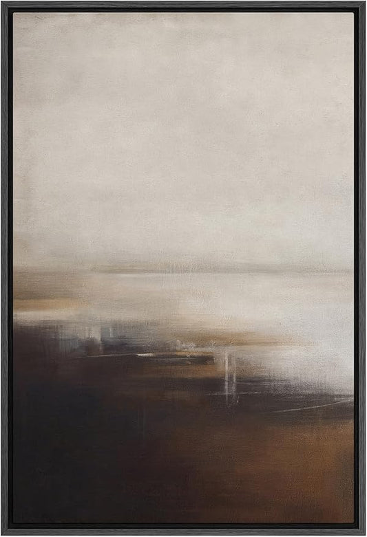 SIGNFORD Framed Canvas Print Wall Art Neutral Abstract Coastal Landscape Soft Brown and Beige Hues Illustrations Modern Art Decorative Relax/Calm for Living Room, Bedroom, Office - 16"x24" Black