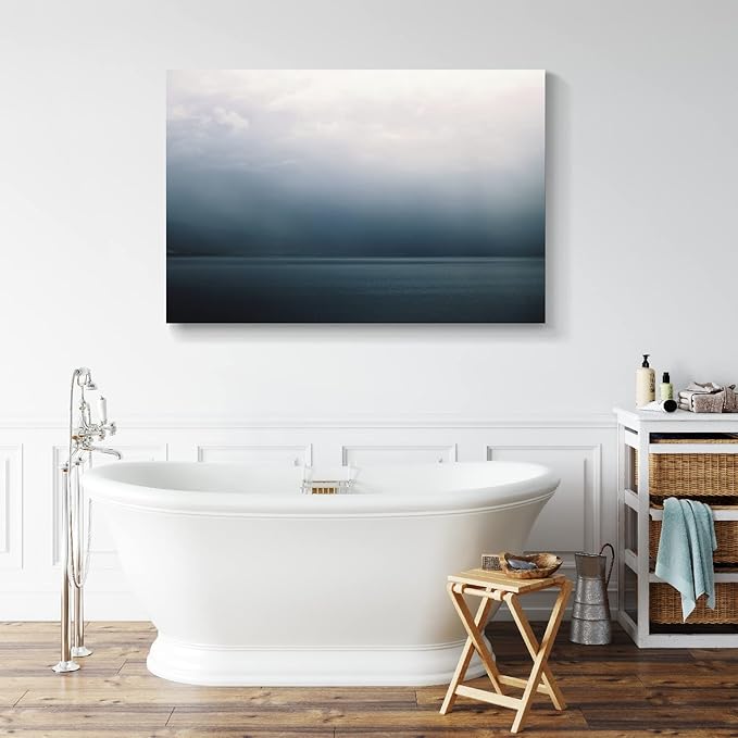 Large Canvas Wall Art Modern Abstract Art Paintings Green Mountains Blue Sea Under the Grey Sky Scenery Framed Artwork Pictures for Living Room Bedroom Hallway Wall Decor 48x32in