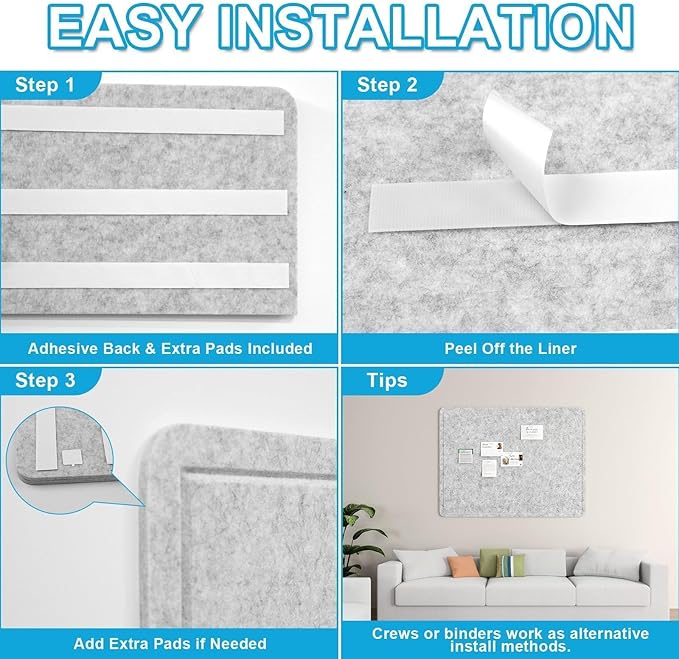 Large Felt Bulletin Board for Wall, 24"x18" Frameless Picture Board, Soft Felt Cork Board for Office, Home Planning & Office Wall Decor, Easy Install Pin Board