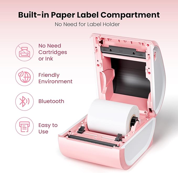 Bluetooth Shipping Label Printer with 1 Roll Labels - D520BT Pink Thermal Label Printer, Thermal Printers with Built-in Label Holder, Come with 500PCS 4x6‬ White Labels (500 Labels/Roll)