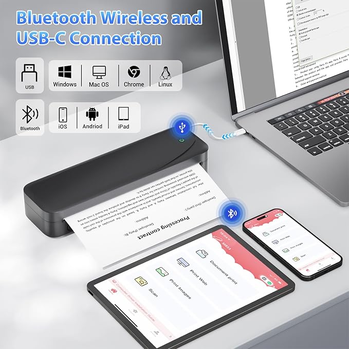 Phomemo Portable Printer, M833 Upgrade Portable Inkless Wireless Printers for Travel, Bluetooth Label Printer Support 8.5'' x 11'' US Letter & A4 Thermal Paper, Suitable for Home Office Business