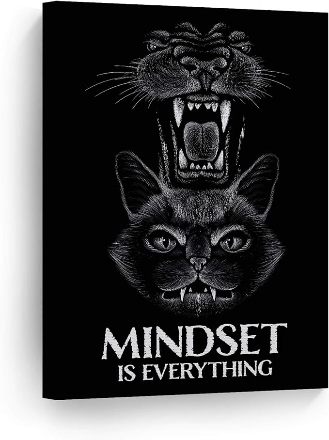 Smile Art Design Mindset is Everything Cat and Lion Sketch Motivational Wall Art Canvas Print Inspirational Entrepreneur Quote Canvas Print Modern Office Living Room Decor Gift Ready to Hang 17x11
