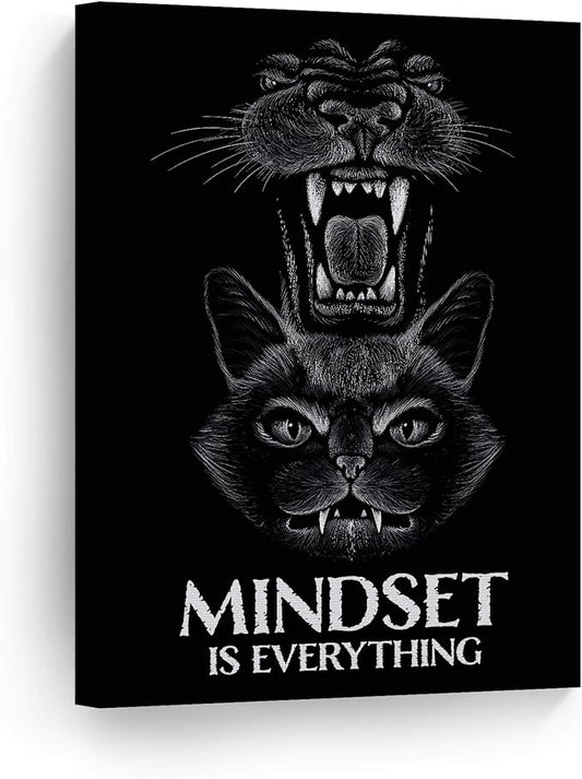 Smile Art Design Mindset is Everything Cat and Lion Sketch Motivational Wall Art Canvas Print Inspirational Entrepreneur Quote Canvas Print Modern Office Living Room Decor Gift Ready to Hang 12x8