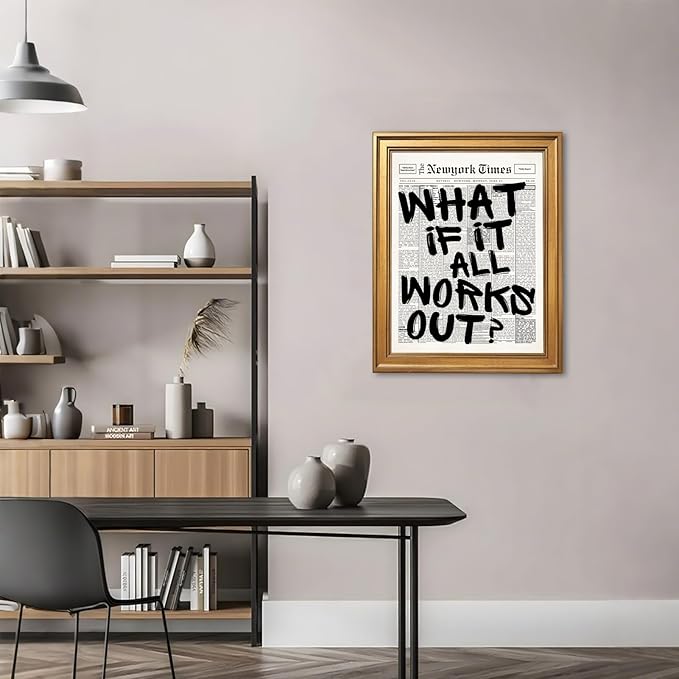 What If It All Works Out Wall Art Retro Black and White Newspaper Motivational Poster Positive Affirming Quote Minimalist Canvas Print for Bedroom Living Room Home Decor 16x24inch Vintage Framed