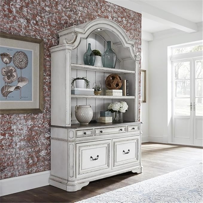 Liberty Furniture Magnolia Manor 3 Piece Desk, Credenza & Hutch Set for Home Office - Antique White & Weathered Bark