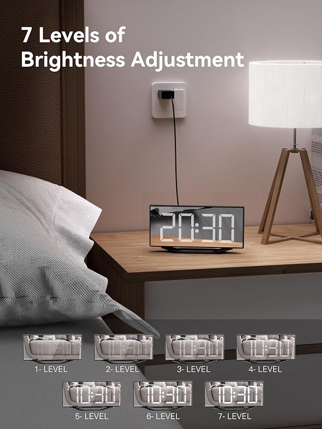 Digital Alarm Clocks for Bedrooms，8.7" LED Mirror Electronic Clocks with 2 USB Charger Ports,7 Levels Brightness & Alarm Volume,Dual Alarms,Snooze,12/24H,Modern Desk Clock for Bedside Home Office