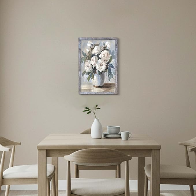 Floral Wall Art Painting - Realistic White Flower Canvas with Soft Blue Gray Tones for Bathroom and Bedroom Decor 11"x16"