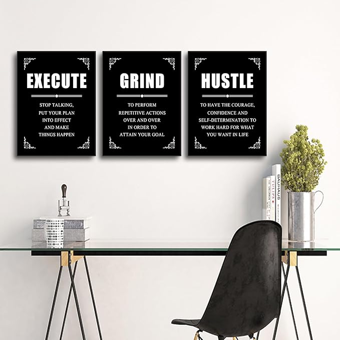 Inspirational Canvas Wall Art Entrepreneur Positive Quotes Poster Print Execute Grind Hustle Motivational Office Wall Decor Suitable for Bedroom Living Room Gym Classroom Easy to Hang [36''Wx16''H]